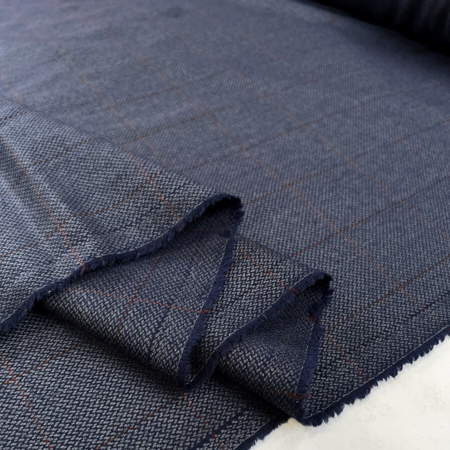 Smarty Pants British Wool Navy Blue Check Grey Woven Suiting Fabric Fold 1