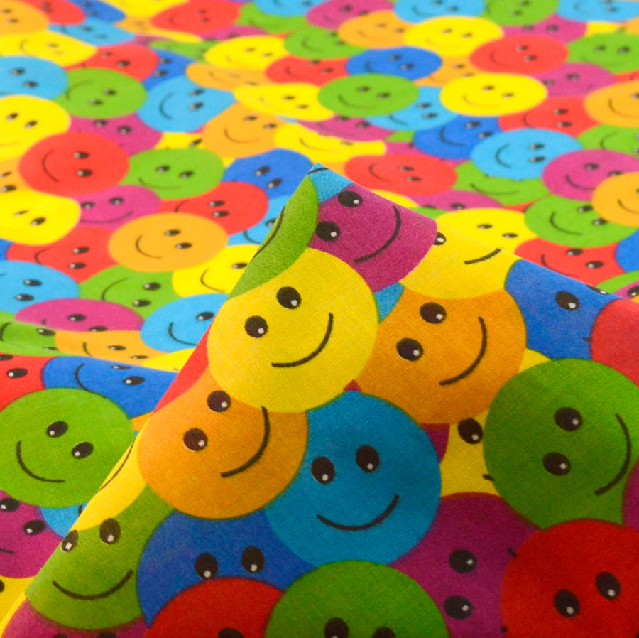 Smiley Face Multi Coloured Smile Poly Cotton Fabric Cu