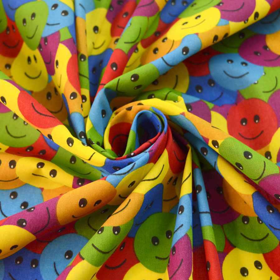 Smiley Face Multi Coloured Smile Poly Cotton Fabric Cud