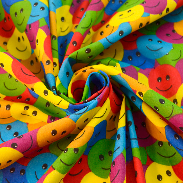 Smiley Face Multi Coloured Smile Poly Cotton Fabric Cud
