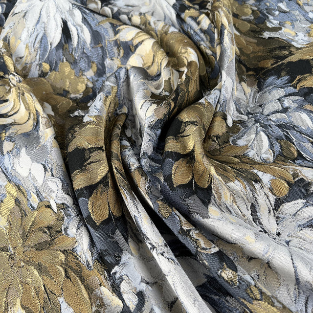 Smooth Brocade Petal Power Polyester Grey Gold Floral Jacquard Dress Fabric
