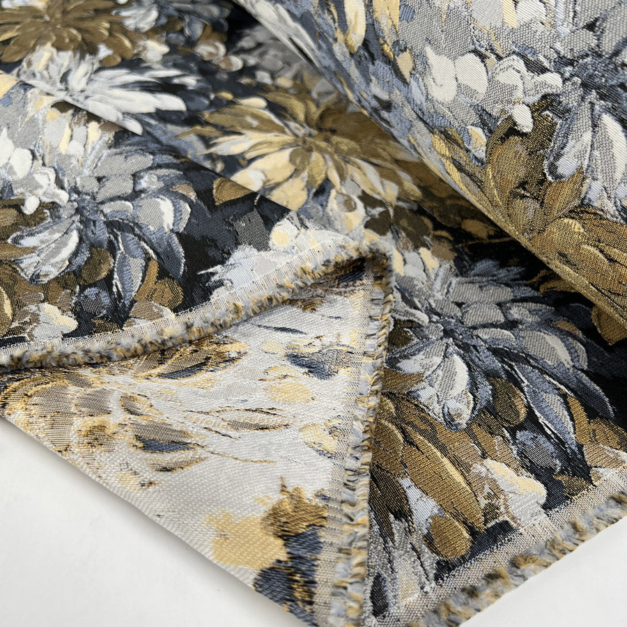 Smooth Brocade Petal Power Polyester Grey Gold Floral Jacquard Dress Fabric Fold