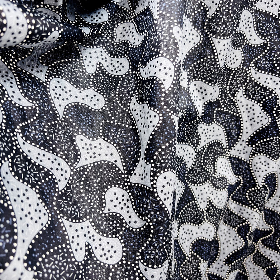 Soft Cotton Dress Fabric Black White Grey Abstract Night Swimming Drape