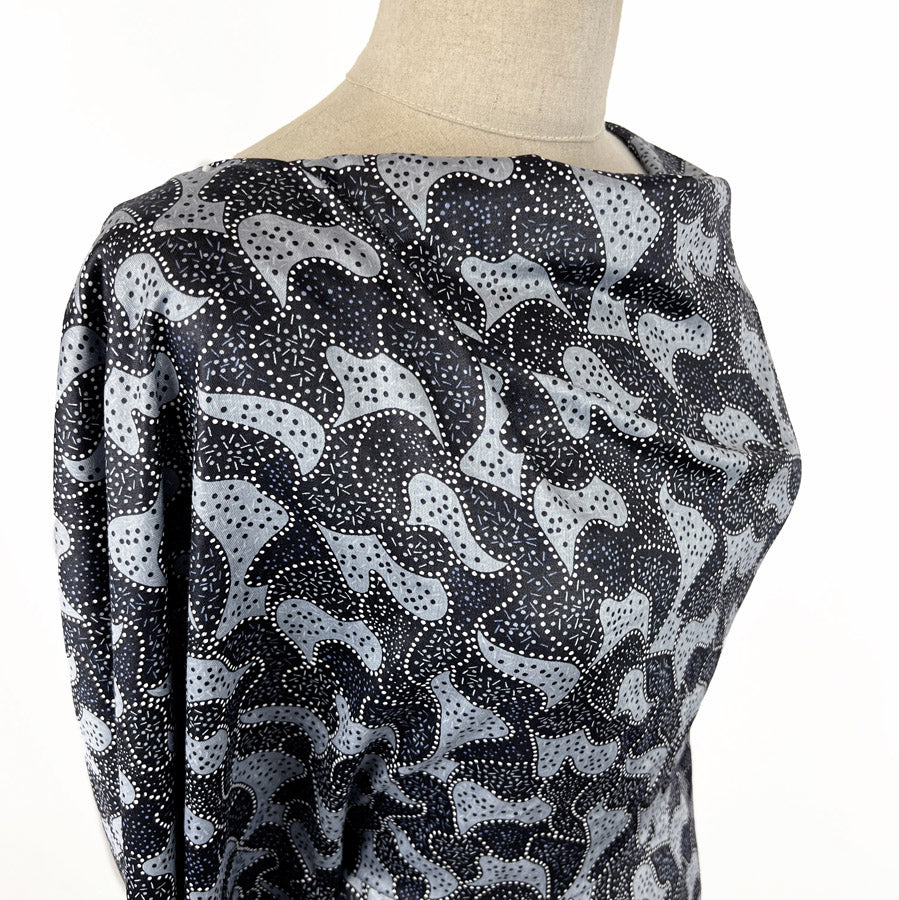 Soft Cotton Dress Fabric Black White Grey Abstract Night Swimming Side