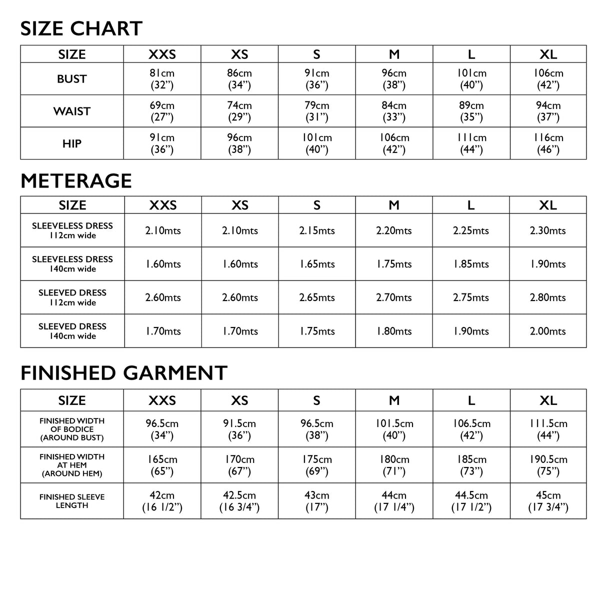 Sohie dress pattern tessuti size chart