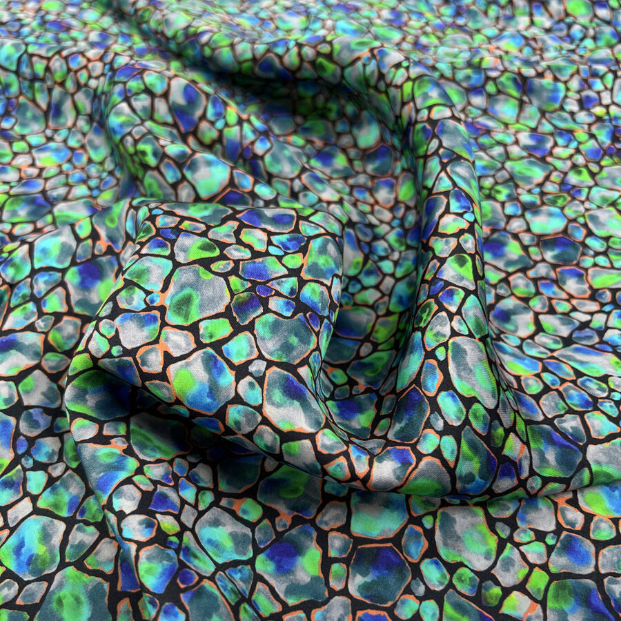 Spaced Out Viscose Abstract Green Blue Black Woven Dress Fabric
