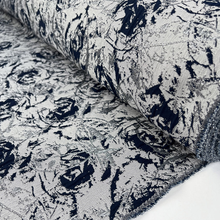 Sterling Brocade Navy Silver Abstract Floral Polyester Metallic Jacquard Dress Fabric Roll