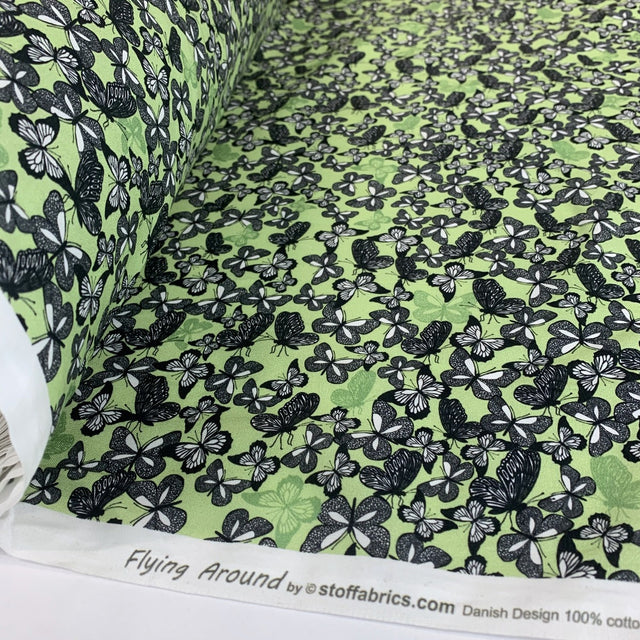 Stof Craft Butterfly Garden Japanese Craft Cotton Fabric Black White Mint Lime Green Roll