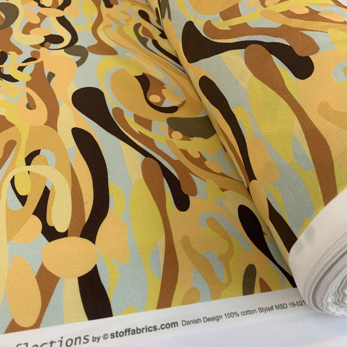 Stof Craft Camo Squiggles Ochre Orange Japanese Craft Cotton Fabric Black Grey Brown Yellow Roll