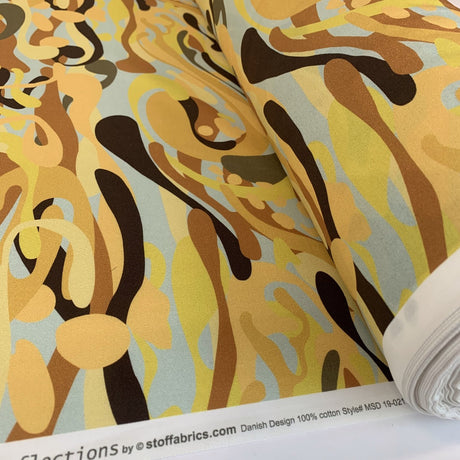 Stof Craft Camo Squiggles Ochre Orange Japanese Craft Cotton Fabric Black Grey Brown Yellow Roll