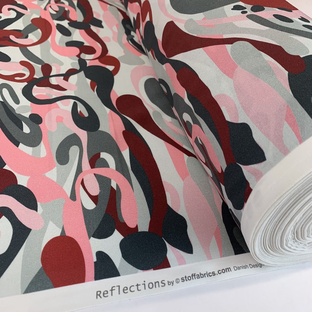 Stof Craft Camo Squiggles Pink Damson Japanese Craft Cotton Fabric Pink Black Grey Roll