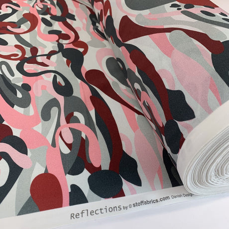 Stof Craft Camo Squiggles Pink Damson Japanese Craft Cotton Fabric Pink Black Grey Roll