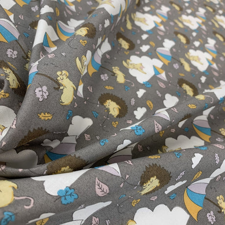 Stof Craft Hedgehogs Mice Japanese Craft Cotton Fabric Grey White Yellow Clouds Umbrella Fold