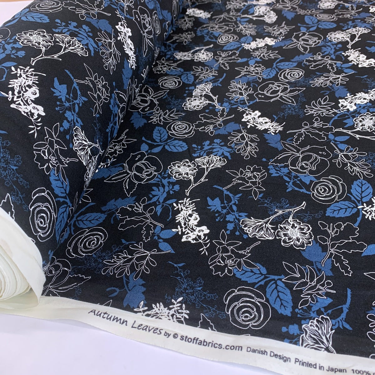 Stof Craft Midnight Floral Japanese Craft Cotton Fabric Black Blue White Flowers Roll