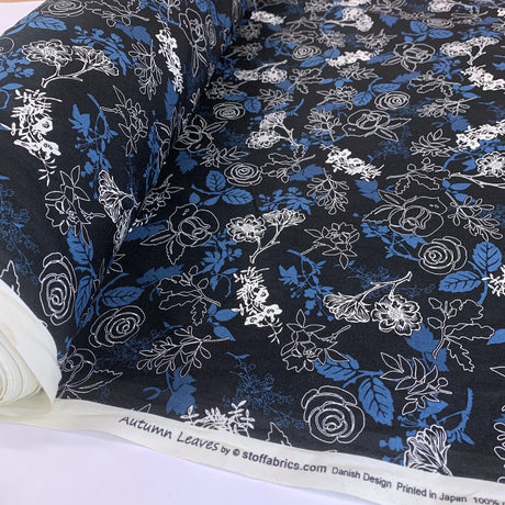 Stof Craft Midnight Floral Japanese Craft Cotton Fabric Black Blue White Flowers Roll