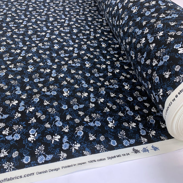 Stof Craft Mini Midnight Floral Japanese Craft Cotton Fabric Black Blue White Flowers Roll
