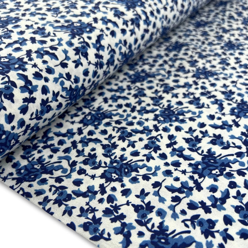 Stof 100% Cotton Poplin Floral Dress Fabric Blue Willow Bolt