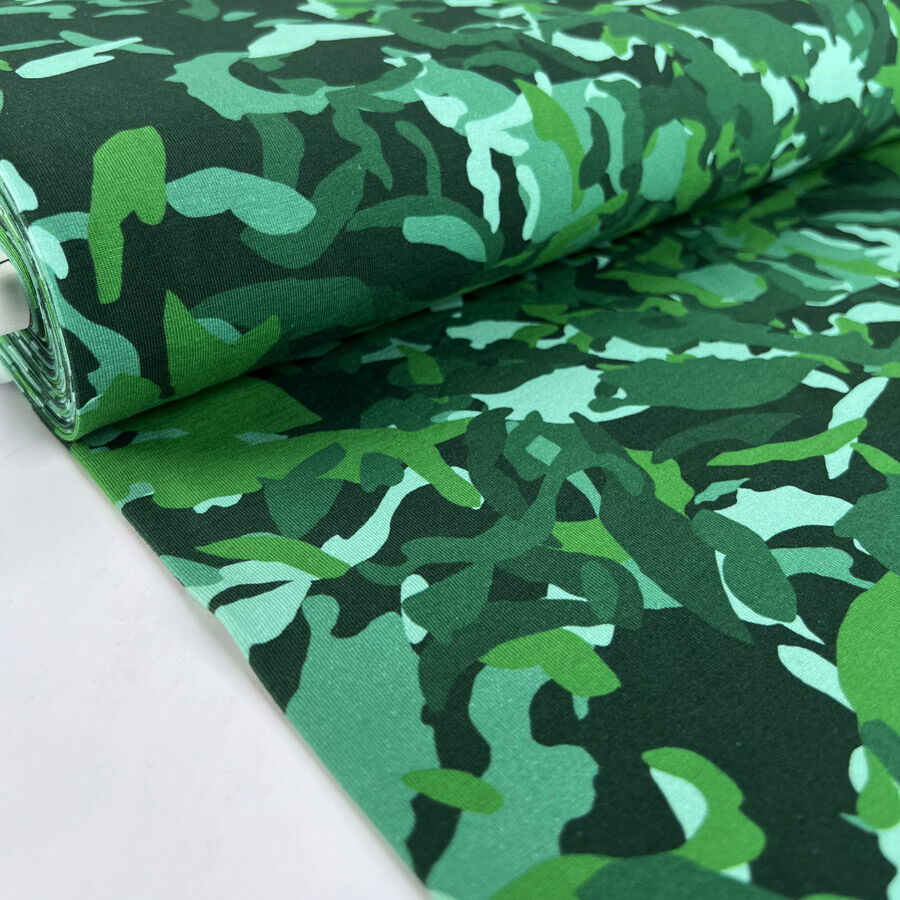 Stof Avalana Jersey Canopy Camo Cotton Elastane Knit Green Abstract Fabric Bolt