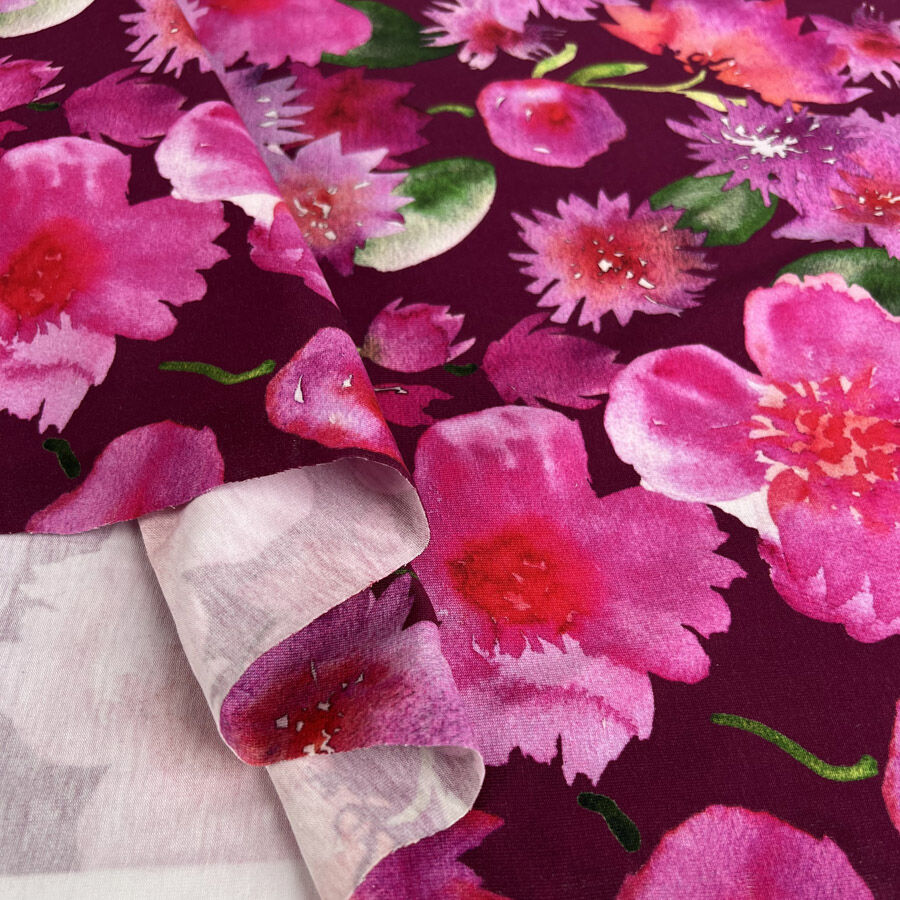 Stof Avalana Jersey Vivid Bloom Cotton Elastane Knit Pink Floral Fabric Fold