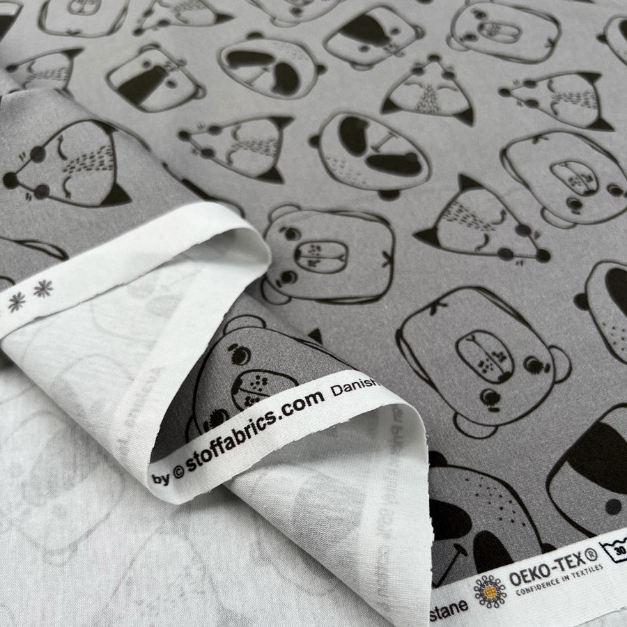 Stof Cotton Jersey Doodle Zoo Grey Black Animal Print Oeko Tex Elastane Knit Fabric Fold