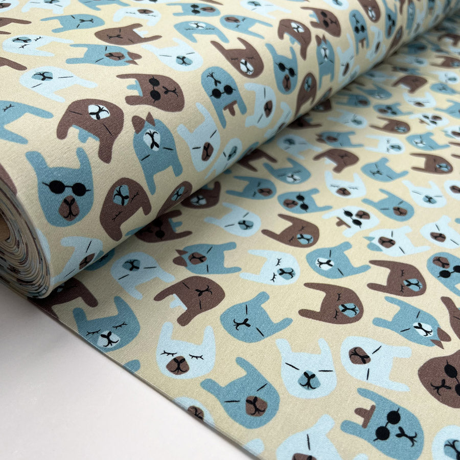 Stof Cotton Jersey Flopsy Organic Animal Face Print Knit Elastane Blue Fabric Bolt
