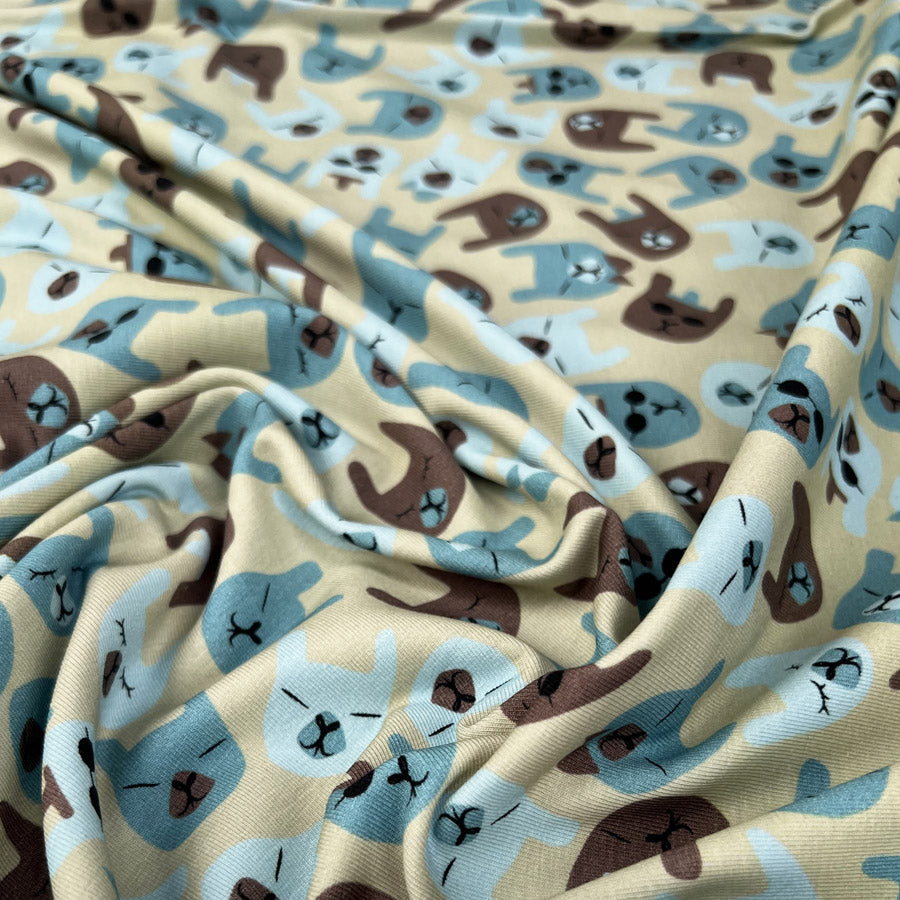 Stof Cotton Jersey Flopsy Organic Animal Face Print Knit Elastane Blue Fabric