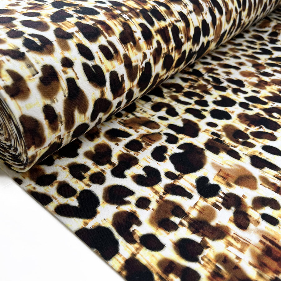 Stof cotton jersey leona leopard print yellow brown oeko tex elastane knitted dress fabric bolt