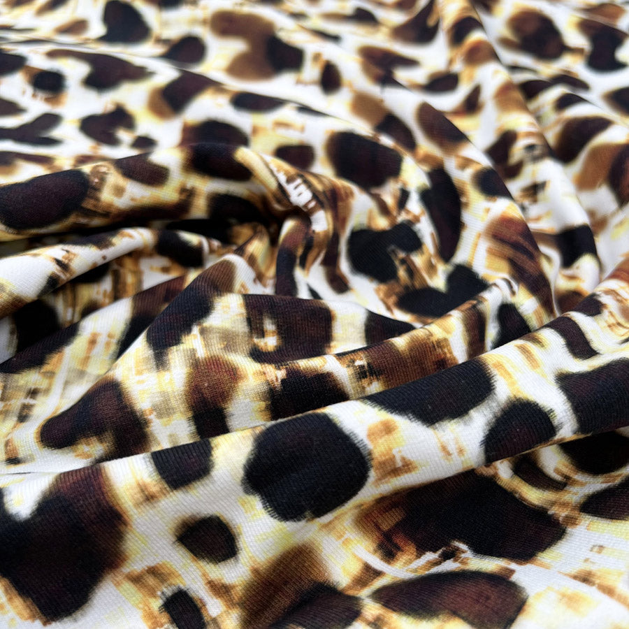 Stof cotton jersey leona leopard print yellow brown oeko tex elastane knitted dress fabric cu