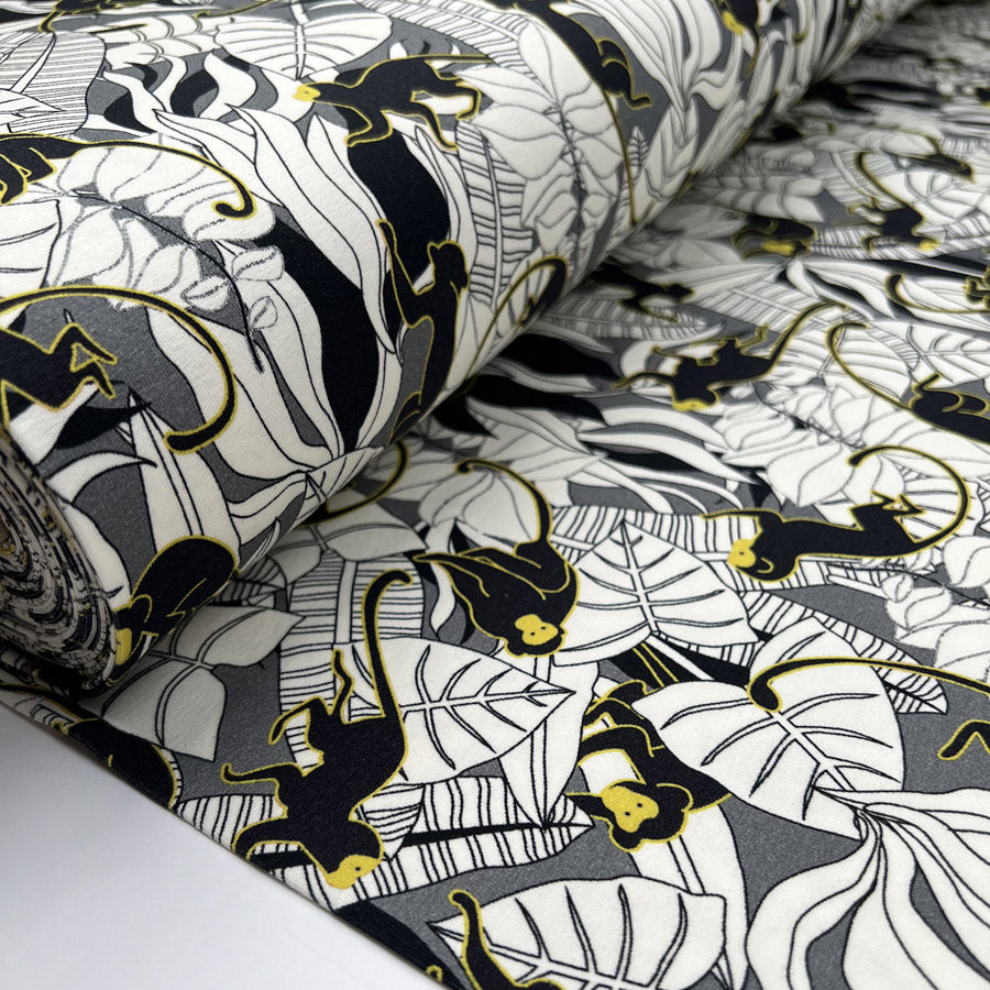 Stof Cotton Jersey Monkeying Around Black White Grey Yellow Monkey Leaf Print Elastane Knit Fabric Bolt