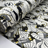 Stof Cotton Jersey Monkeying Around Black White Grey Yellow Monkey Leaf Print Elastane Knit Fabric Bolt