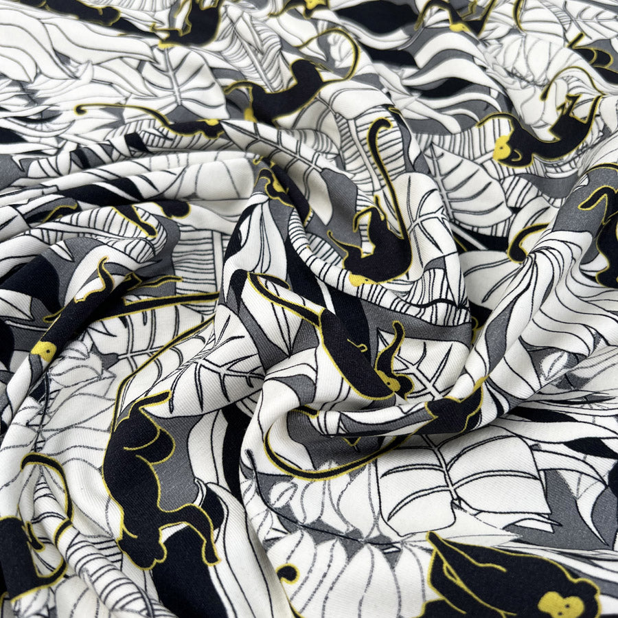 Stof Cotton Jersey Monkeying Around Black White Grey Yellow Monkey Leaf Print Elastane Knit Fabric