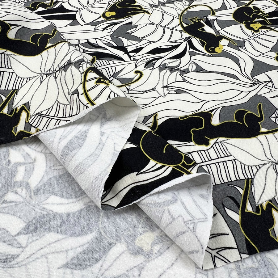 Stof Cotton Jersey Monkeying Around Black White Grey Yellow Monkey Leaf Print Elastane Knit Fabric Fold