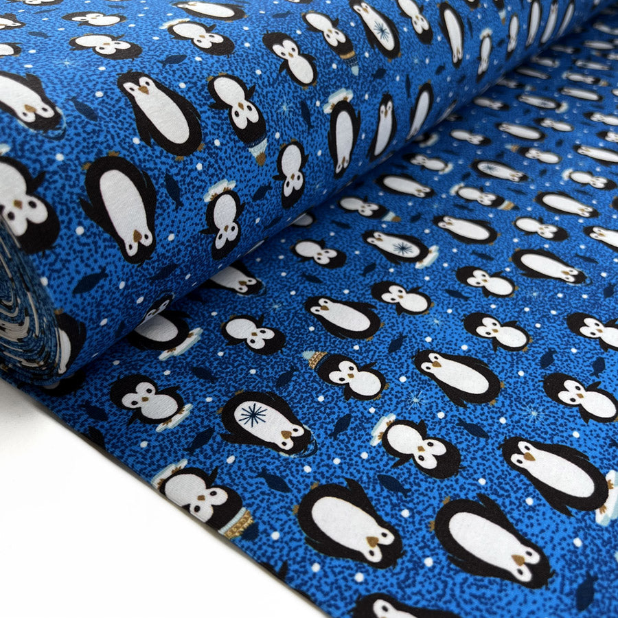 Stof cotton jersey pablo penguin print blue oeko tex elastane knitted fabric bolt