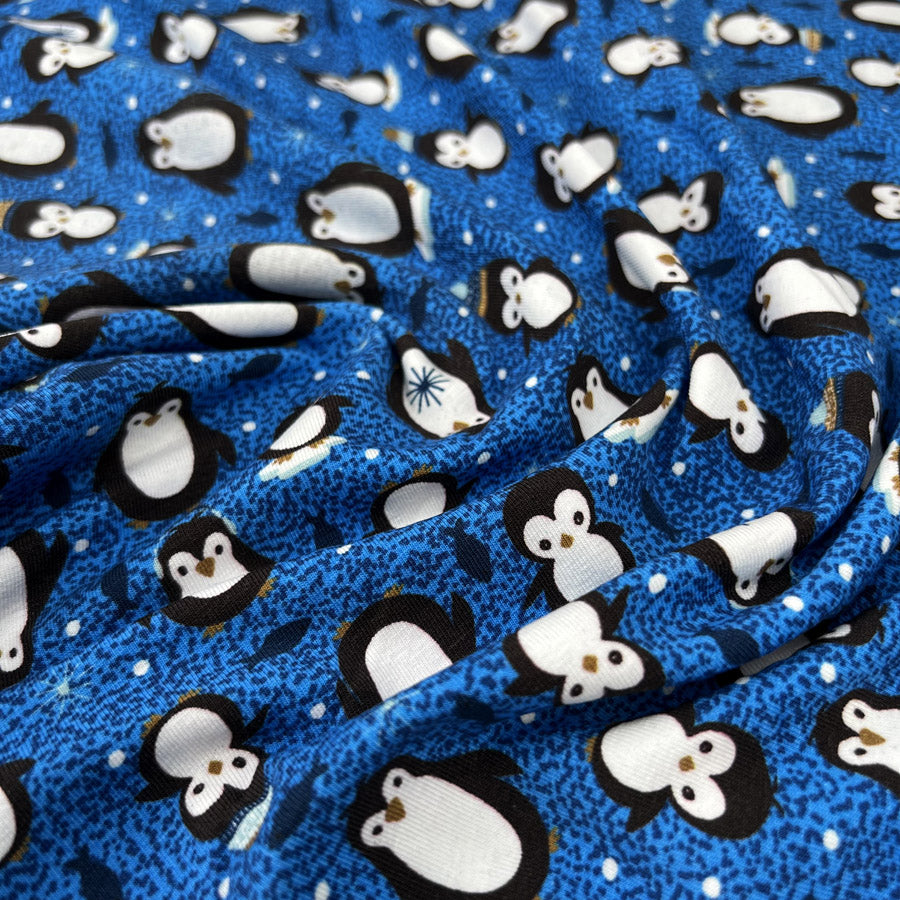 Stof cotton jersey pablo penguin print blue oeko tex elastane knitted fabric cu