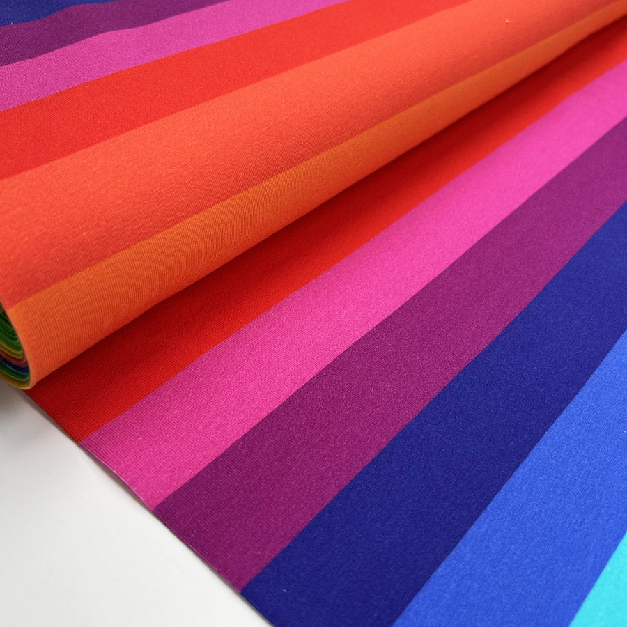 Stof Cotton Jersey Rainbow Stripe Colour Block Elastane Knit Fabric Bolt