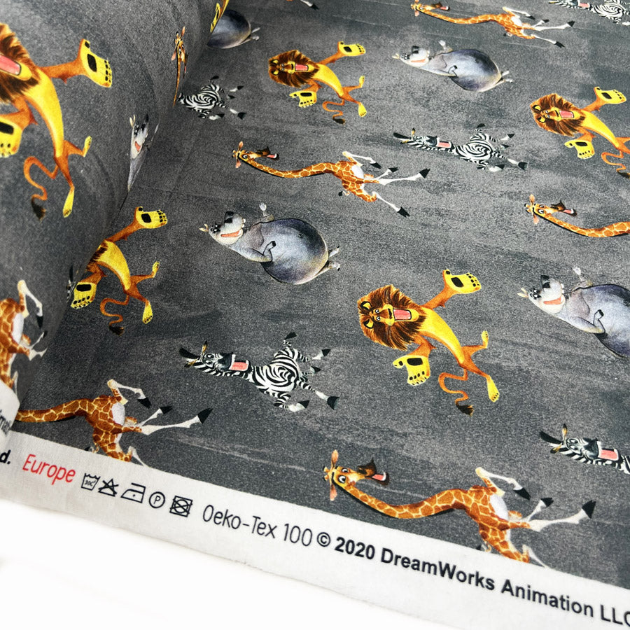 Stonewashed Madagascar Licensed Brushed Cotton Elastane Sweatshirting Fabric Grey Roll