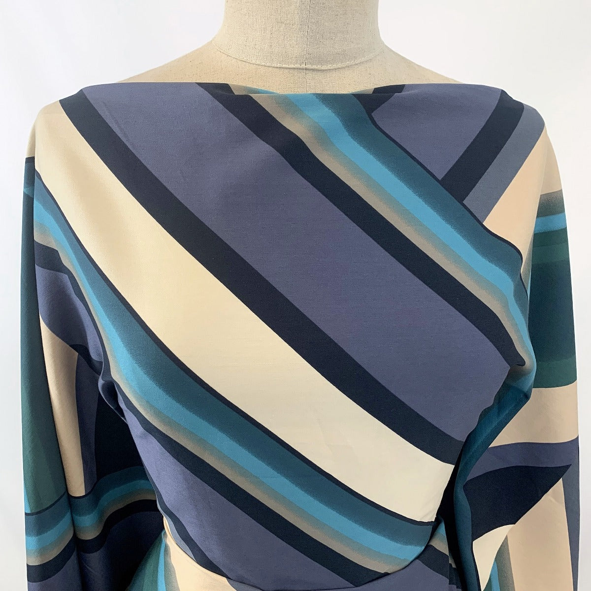 Stretch Geo Teal Sateen Stripe Dress Fabric Neck 2