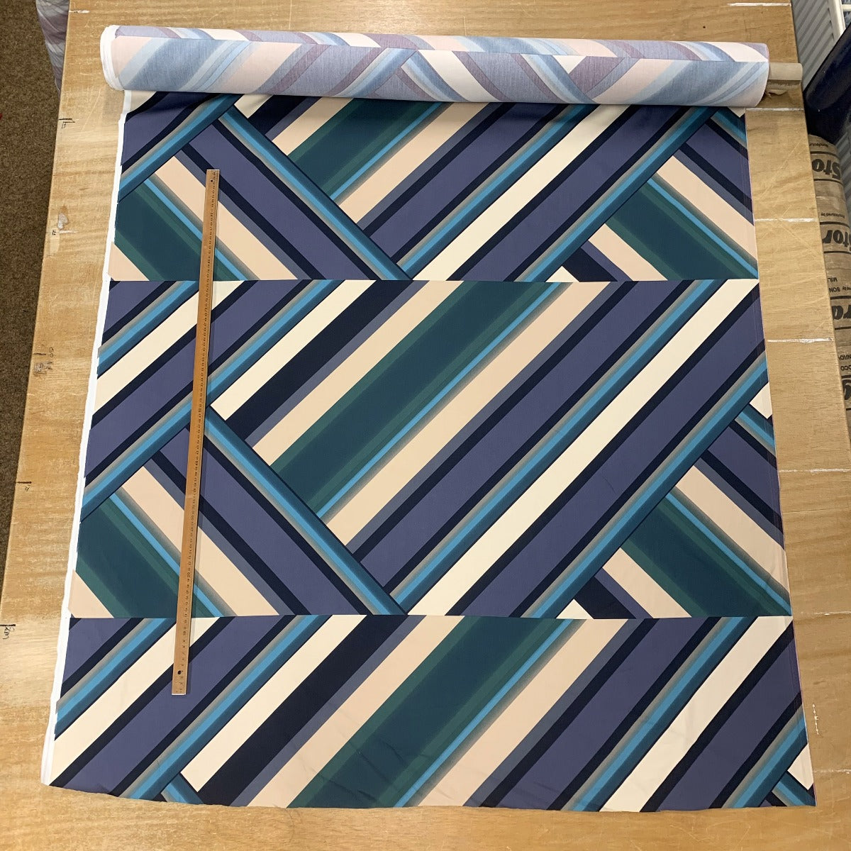 Stretch Geo Teal Sateen Stripe Dress Fabric Scale 2