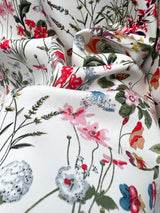 Stretch Cotton Lycra Fabric White Floral Spring Garden Ivory Close Up