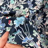 Stretch Cotton Lycra Fabric White Floral Spring Garden Navy Close Up