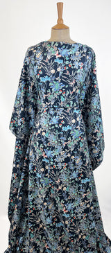 Stretch Cotton Lycra Fabric White Floral Spring Garden Navy Dress