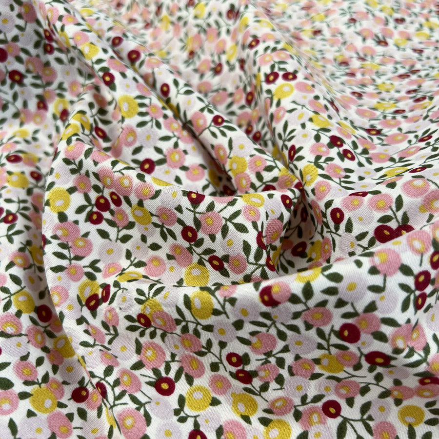 Summer Cotton Betty Ivory Floral Pink Green Dress Fabric