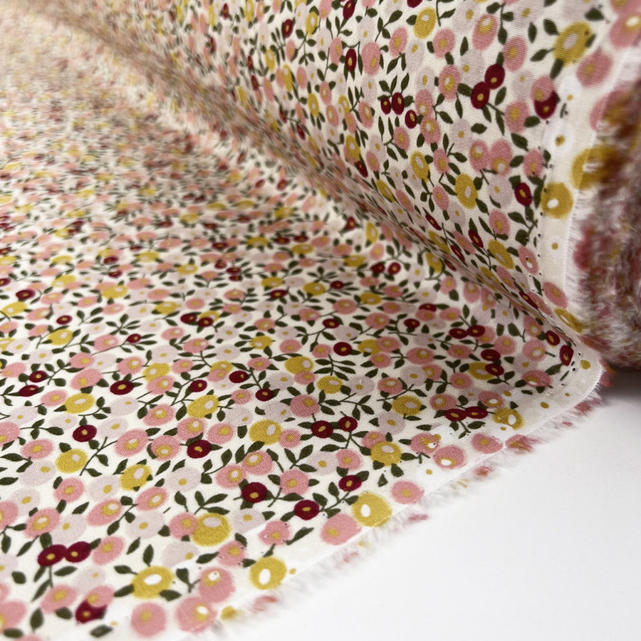 Summer Cotton Betty Ivory Floral Pink Green Dress Fabric Roll