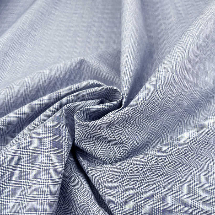 Summer Sky Check Cotton Elastane Trousering Blue Woven Fabric