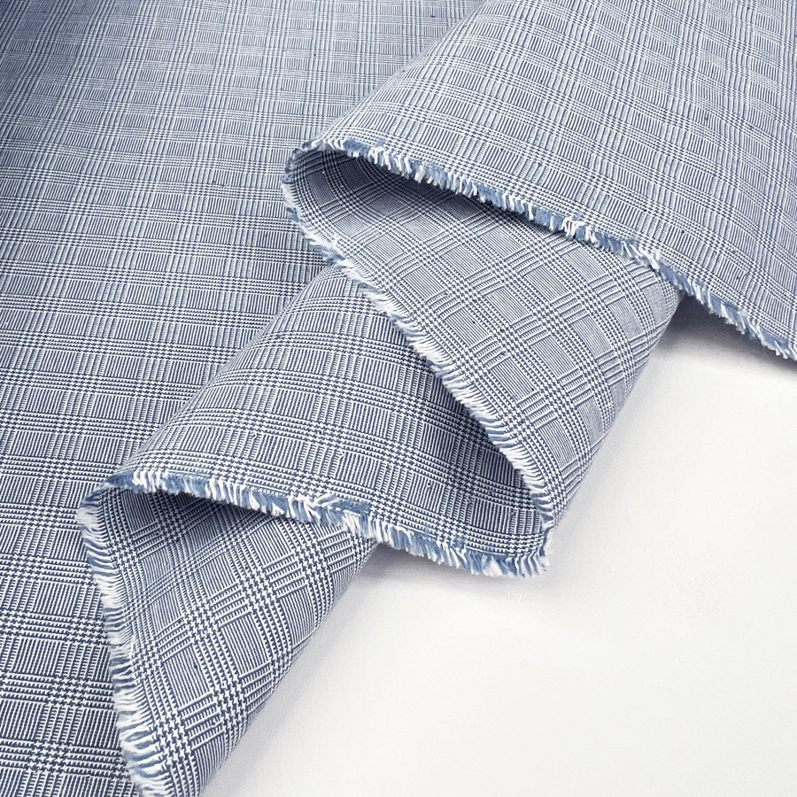 Summer Sky Check Cotton Elastane Trousering Blue Woven Fabric Fold