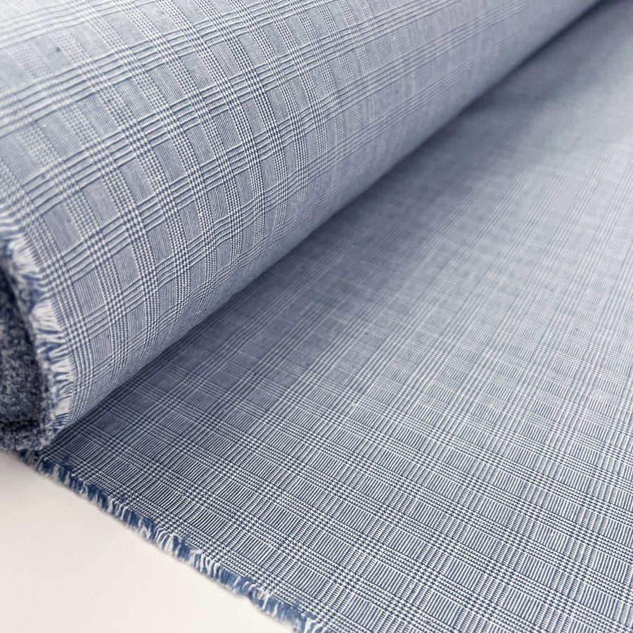 Summer Sky Check Cotton Elastane Trousering Blue Woven Fabric Roll