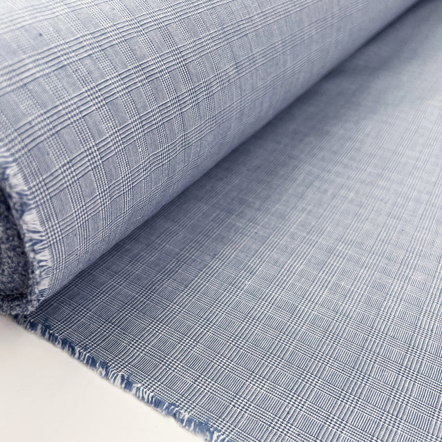 Summer Sky Check Cotton Elastane Trousering Blue Woven Fabric Roll