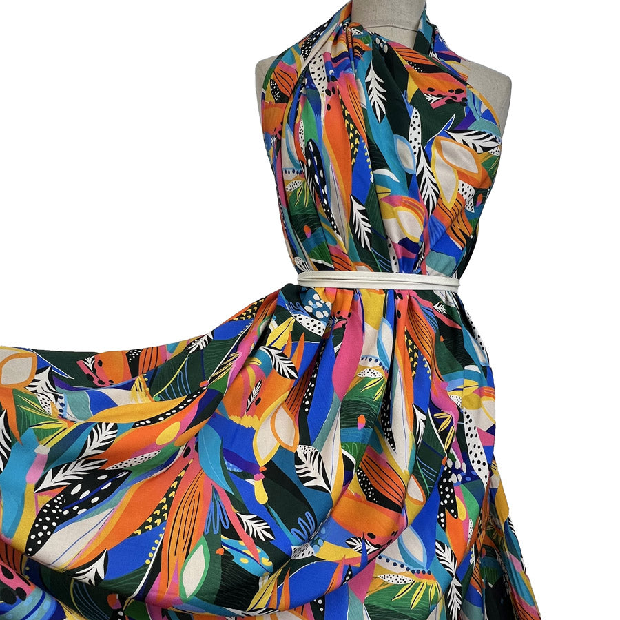 Sunseeker Tropic Abstract Multicoloured Digitally Printed Leaf Floral Viscose Challis Dress Fabric