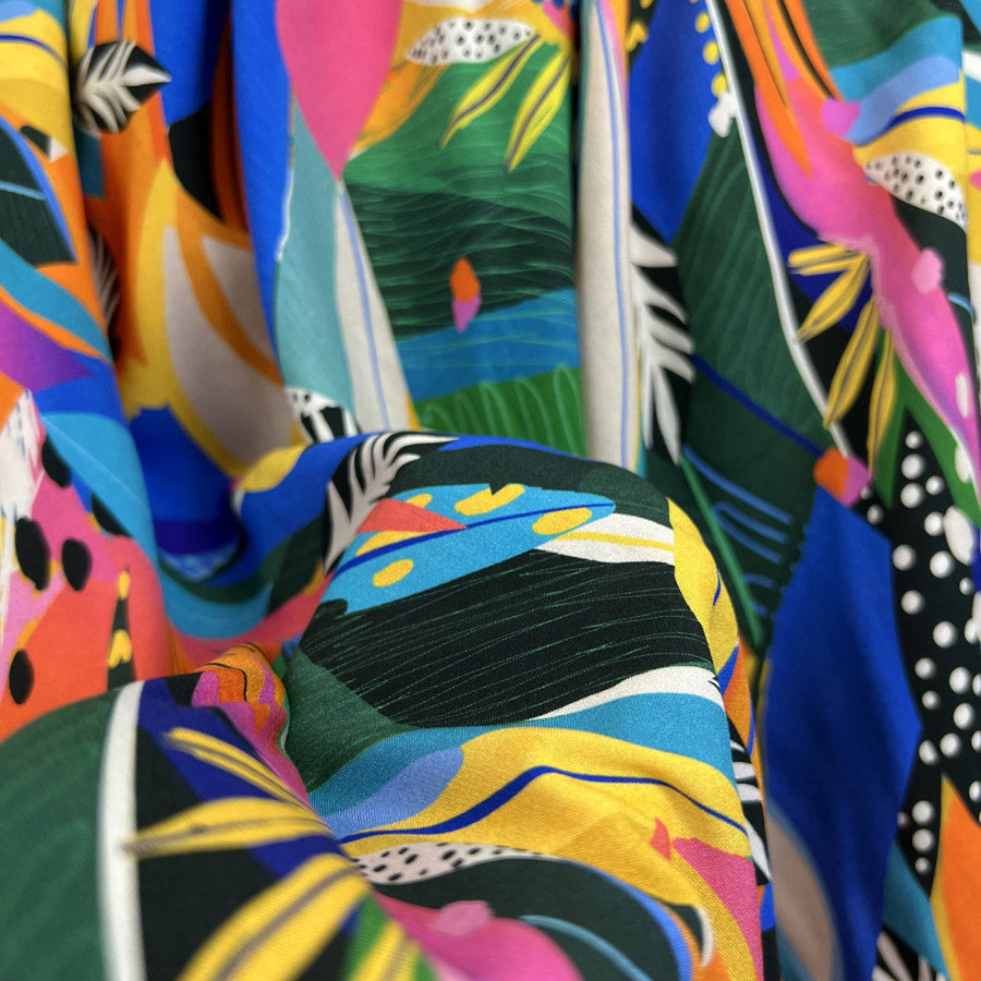 Sunseeker Tropic Abstract Multicoloured Digitally Printed Leaf Floral Viscose Challis Dress Fabric