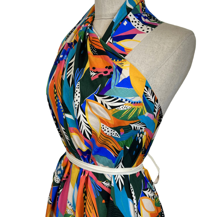 Sunseeker Tropic Abstract Multicoloured Digitally Printed Leaf Floral Viscose Challis Dress Fabric Side